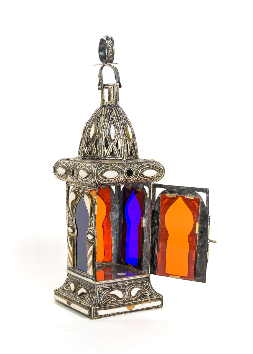 Nickel Silver, Coloured Glass,  Standing Moroccan Cage Lantern