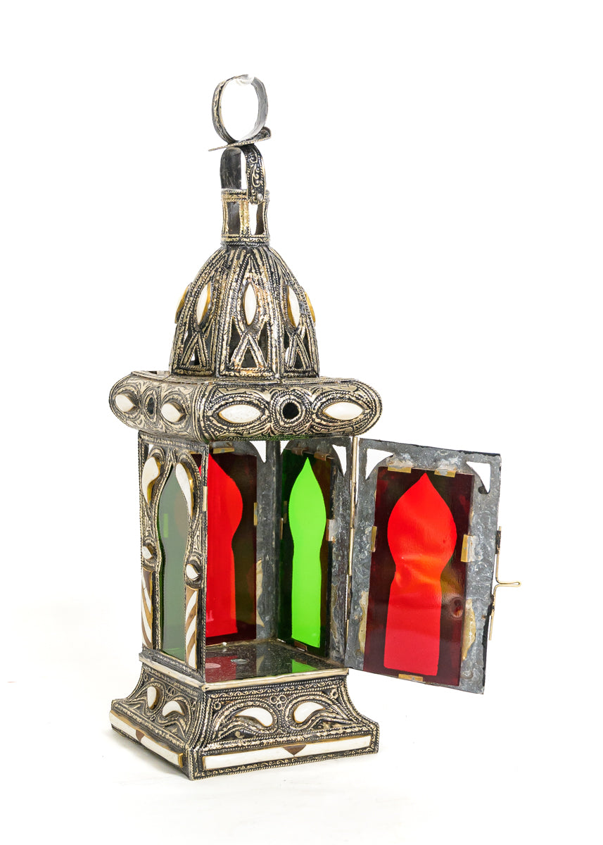 Nickel Silver, Coloured Glass,  Standing Moroccan Cage Lantern
